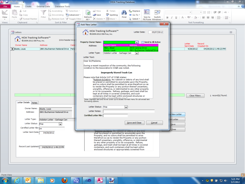 Click to view HOA Tracking Database Software 2.4.1 screenshot