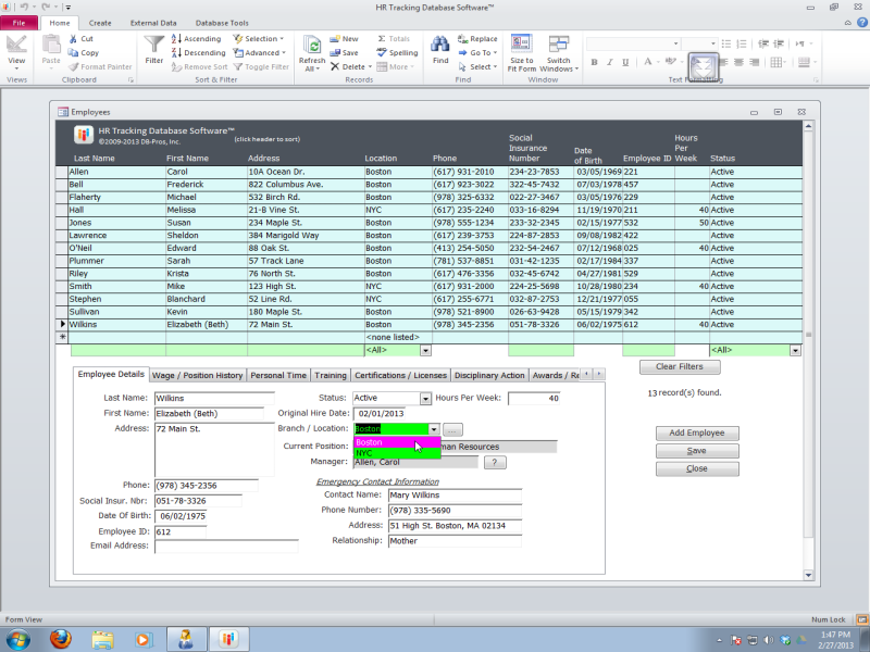 HR Tracking Database Software for employee and job information for businesses