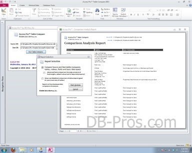 Access Pro Table Compare tool compares tables between 2 MS Access databases