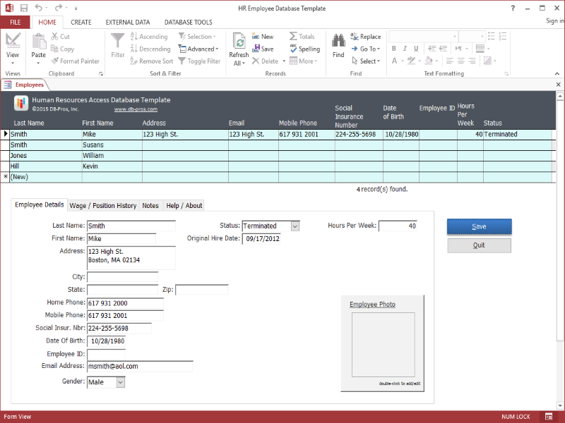 Free Human Resources Access Database Template from www.db-pros.com